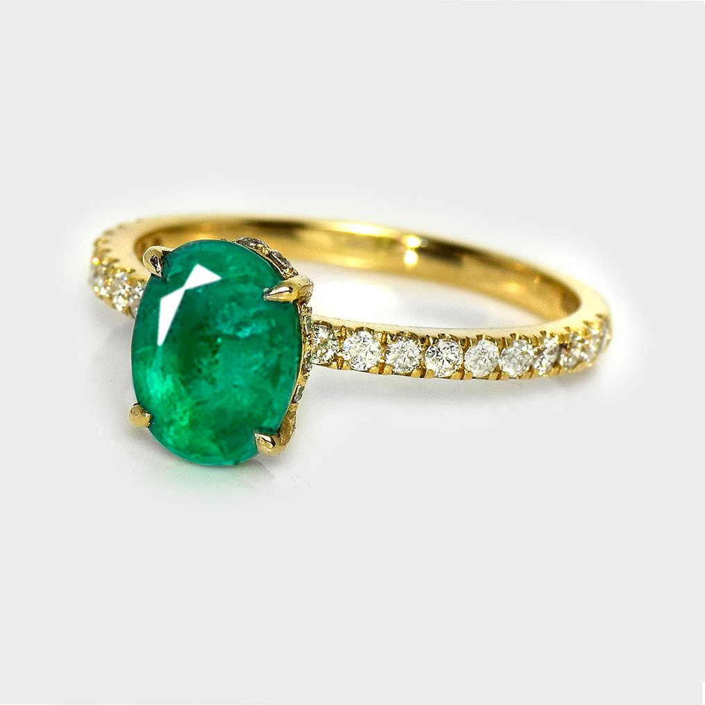 Nincs minimálár - Gyűrű - 14 kt. Sárga arany, HRD 1,52 ct Intenzív Zöld - 1.91ct. tw. Smaragd - Gyémánt #2.1