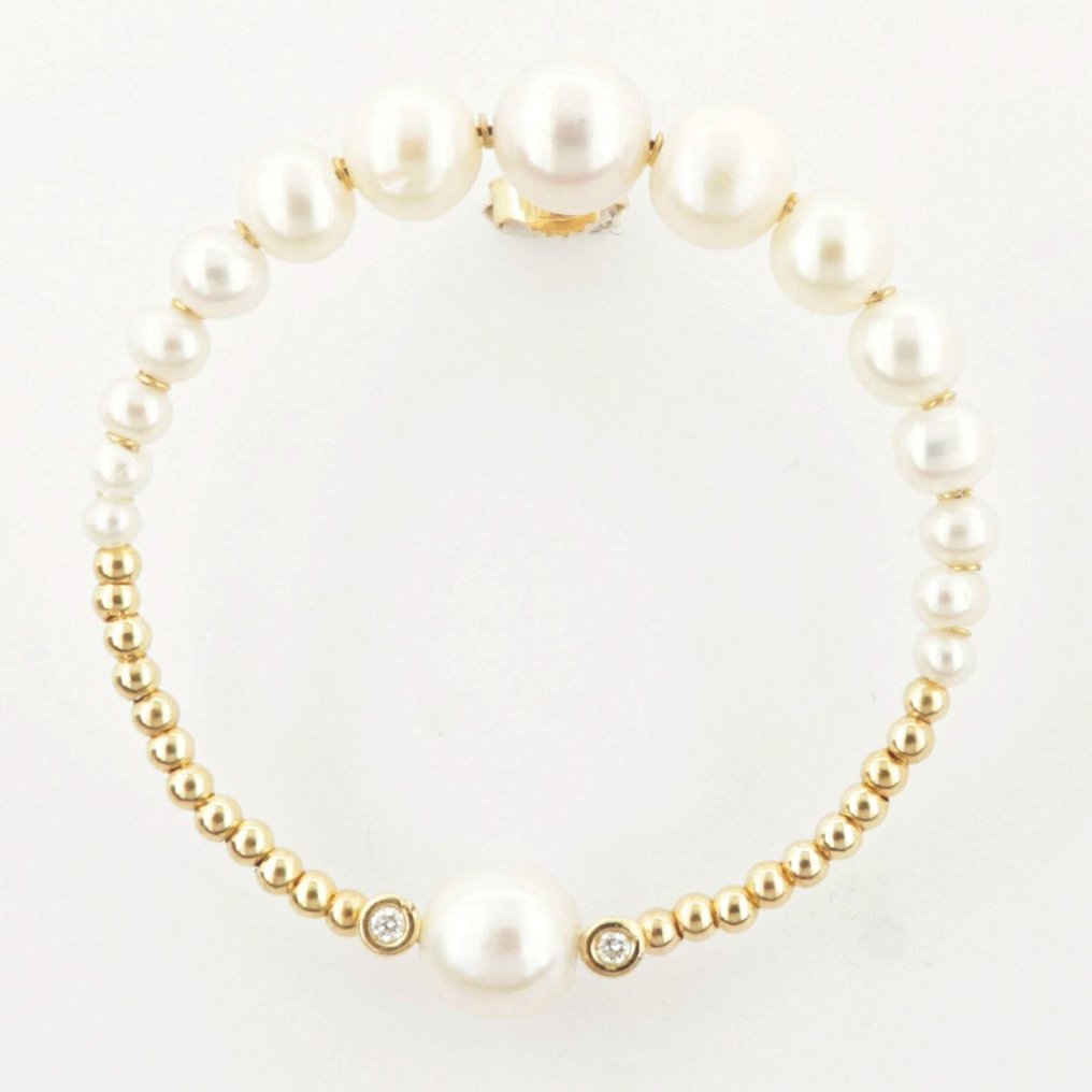 Drop fülbevaló - 18 kt. Fehér arany, Sárga arany -  0.07ct. tw. Gyémánt (Természetes)  - Gyöngy #3.2