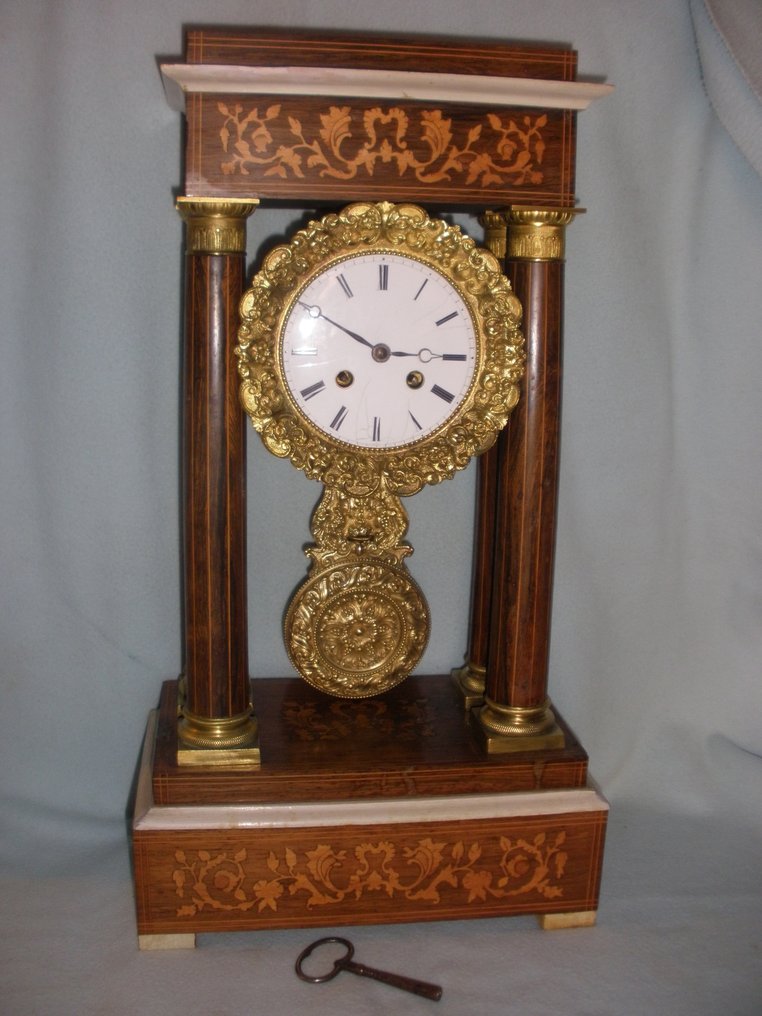 Pendule portique - Japy Freres Charles X Hout Messing Staal email - 1850-1900 - Horloge de colonne en bois rose #1.0