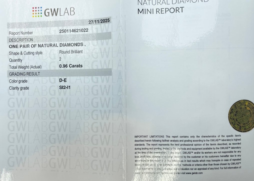 Ei pohjahintaa - 2 pcs Timantti (Luonnollinen) - 0.96 ct - Pyöreä - D (väritön), E - SI2, I1, SI3 - Gemewizardin gemologinen laboratorio (GWLab) #2.1