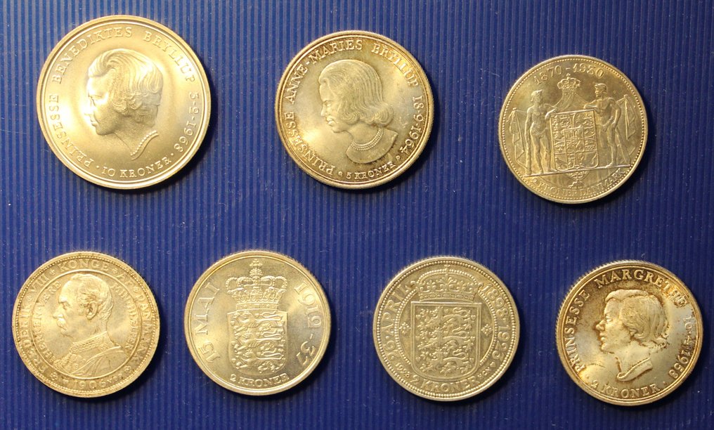 Danmark. Collection of 7 coins: 2, 5, 10 Kroner, various commemorative issues 1906/1968 (Ingen reservasjonspris) #3.2