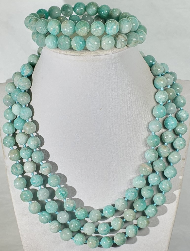 Amazonite naturale - favorisce la pace interiore - Argento 925 - 2 braccialetti e collana - Prima - Collana #1.0