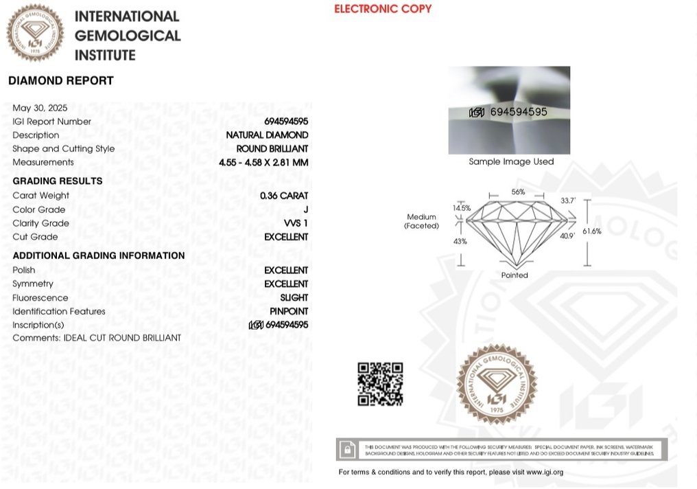 沒有保留價 - 1 pcs 鑽石 (天然) - 0.36 ct - 圓形 - J(極微黃、從正面看是亮白色) - VVS1 - 國際寶石學院(International Gemological Institute (IGI)) - Ex Ex Ex #4.3