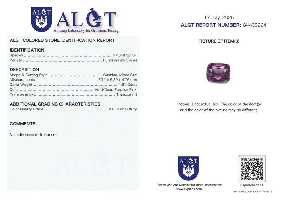 沒有保留價 尖晶石  - 1.61 ct - Antwerp Laboratory for Gemstone Testing (ALGT) - 鲜明的深紫粉色 #4.3