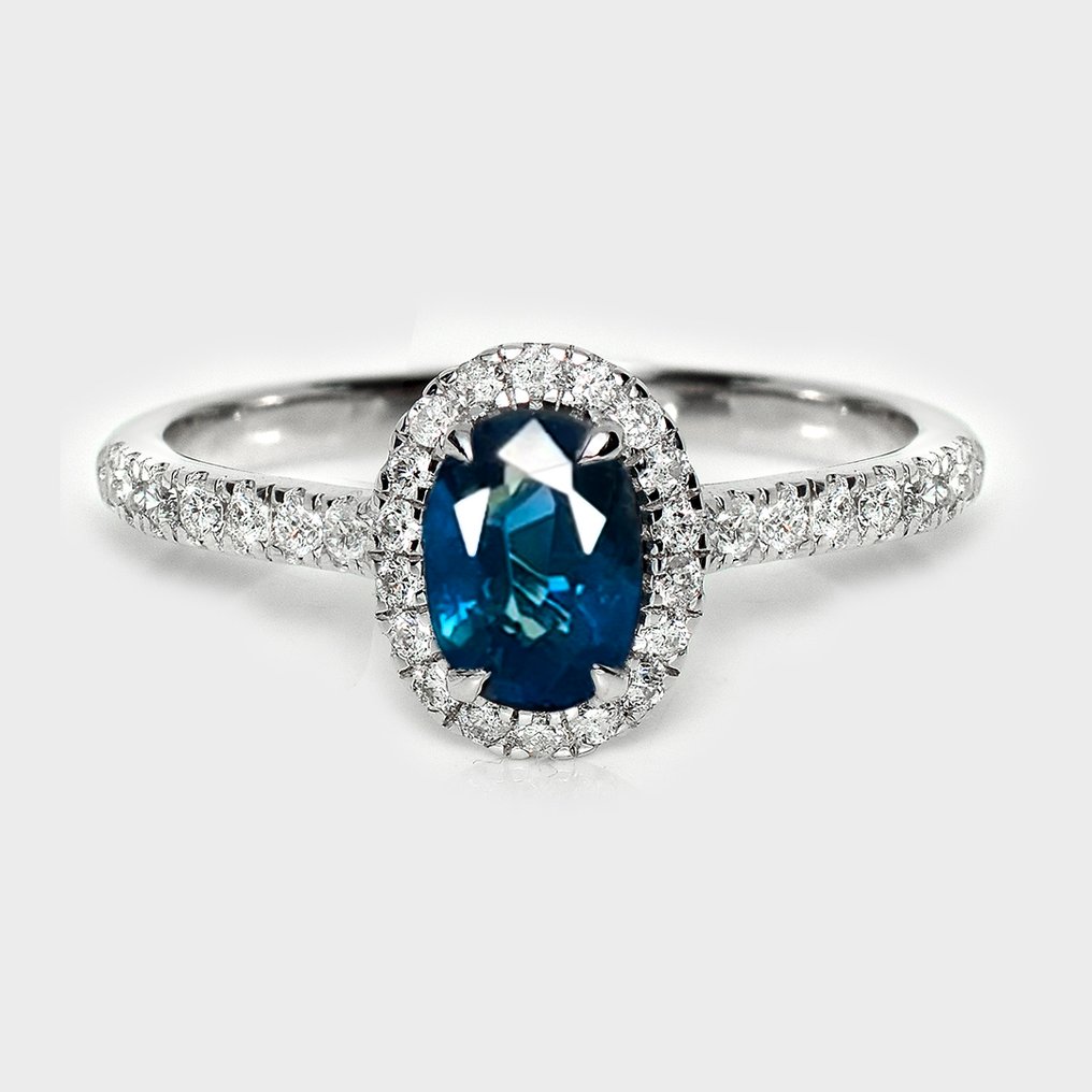 Sans prix de réserve - Bague - 14 carats Or blanc, HRD 1,13 ct Vert bleu intense - 1.53ct. tw. Saphir - Diamant #1.0