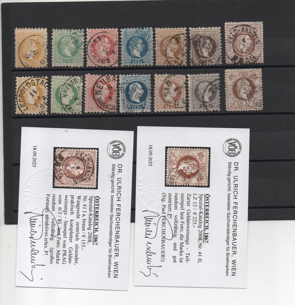 Austria 1864/1867 - Kaiserköpfe, bărbie fină și bărbie aspră, 50 de coroane, ștampilată cu atestat. - Katalognummer 35-41 I+II #1.0