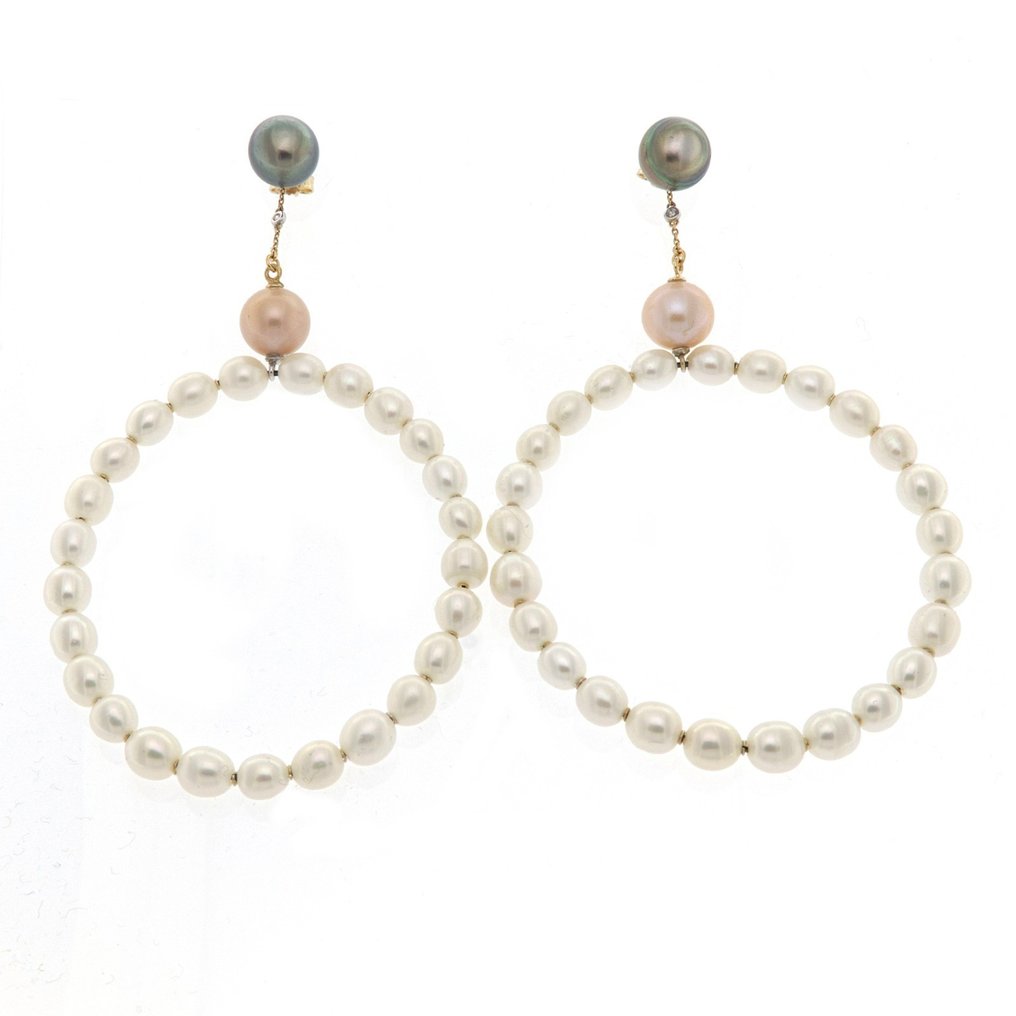 Σκουλαρίκια - 18 καράτια Λευκός χρυσός, Κίτρινο χρυσό - 0.05ct. tw. Διαμάντι (Φυσικό) - Μαργαριτάρι #1.0