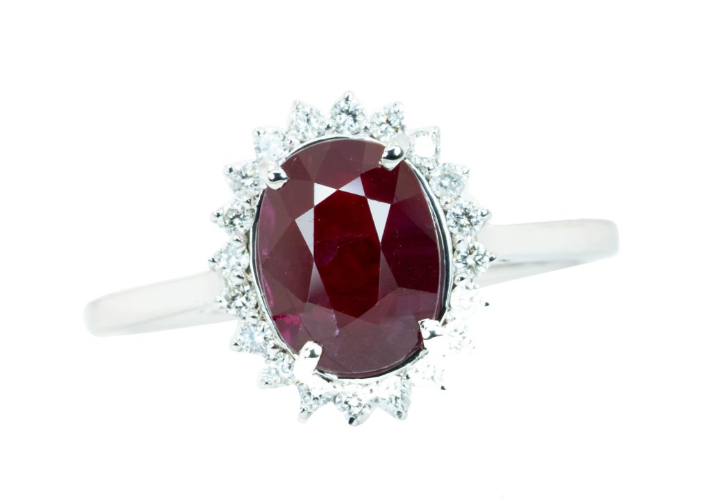 戒指 - 14 克拉 白金, 无热强烈红 -  2.03ct. tw. 紅寶石 - 鉆石 - 0.20克拉 #1.0