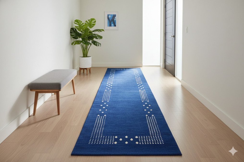 柔和的蓝色Gabbeh - 狭长桌巾 - 310 cm - 80 cm - 未使用的状态 #1.0