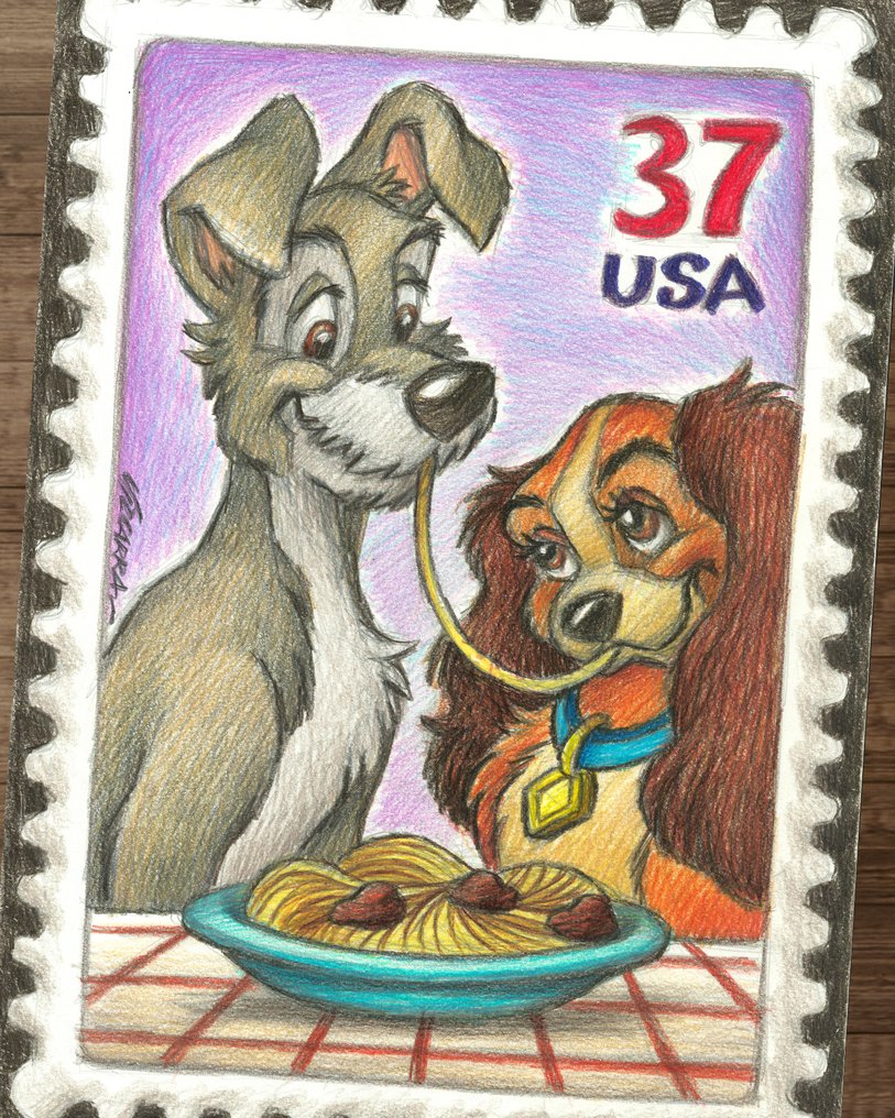 Joan Vizcarra Eredeti műalkotás - Lady & the Tramp “Spaghetti Stamp" – Hand Signed #1.0