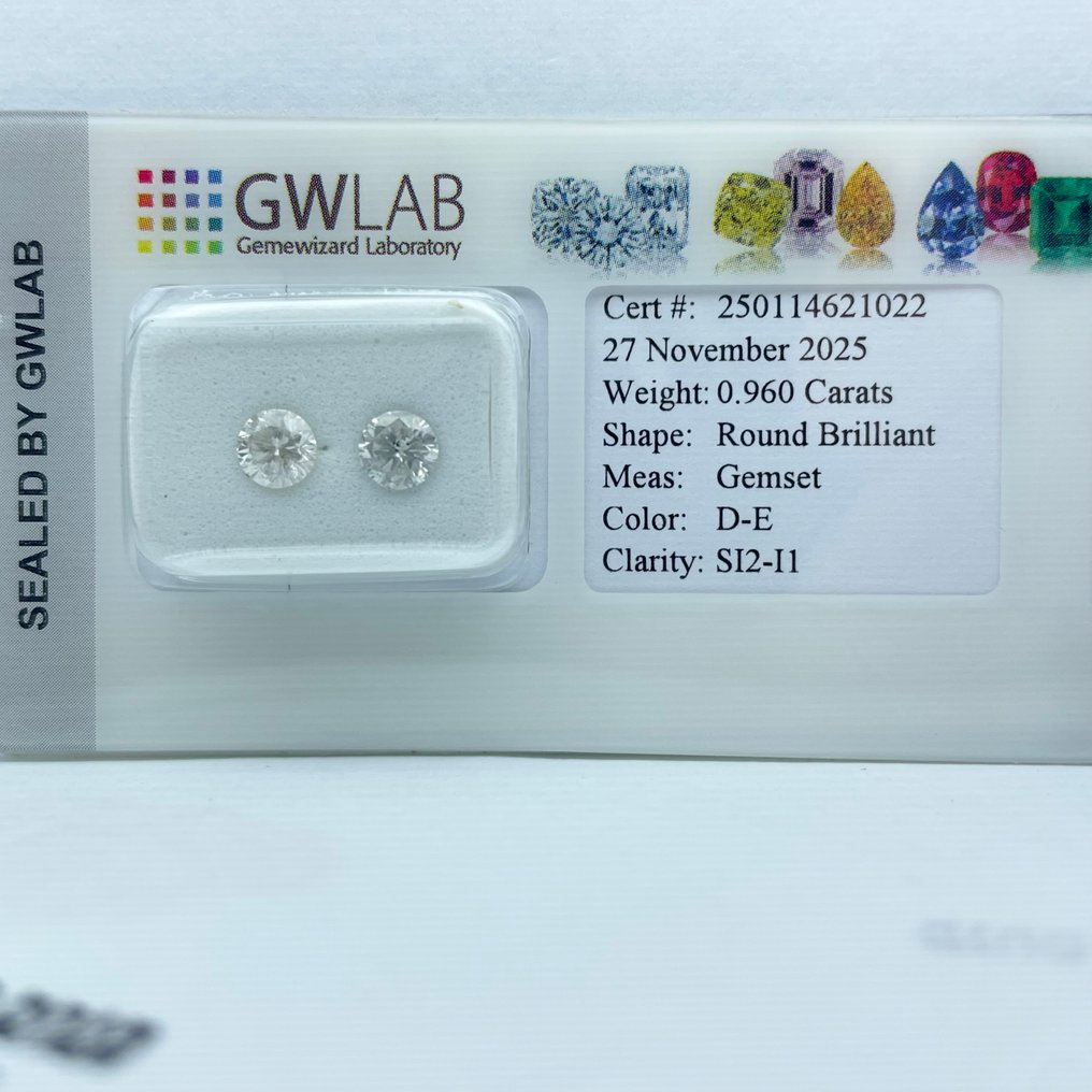 Ei pohjahintaa - 2 pcs Timantti (Luonnollinen) - 0.96 ct - Pyöreä - D (väritön), E - SI2, I1, SI3 - Gemewizardin gemologinen laboratorio (GWLab) #3.2