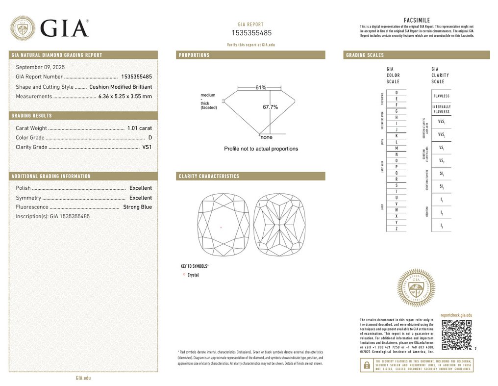 No reserve price - 1 pcs Diamond  (Natural)  - 1.01 ct - Cushion - D (colourless) - VS1 - Gemological Institute of America (GIA) - Ex Ex #4.3