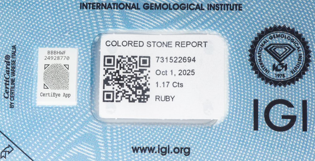 χωρίς τιμή ασφαλείας Ρουμπίνι - 1.17 ct - International Gemological Institute (IGI) - Βαθύ μωβ-κόκκινο #4.3