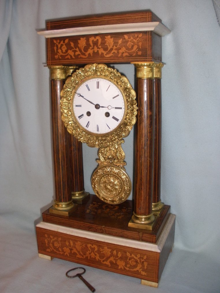 Pendule portique - Japy Freres Charles X Hout Messing Staal email - 1850-1900 - Horloge de colonne en bois rose #2.1