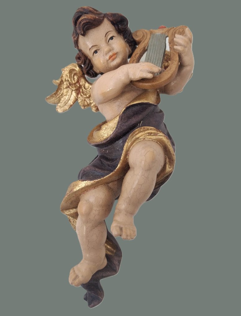 Intaglio, Holzfigur - farbiger Engel mit Harfe - Wandfigur - 15 cm - Legno - 1970 #4.3