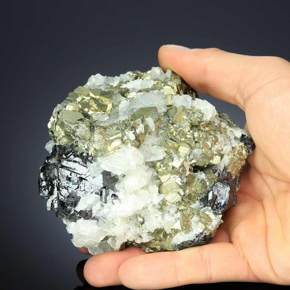 TETRAEDRITA EXCEPCIONAL com ESPALERITA, PIRITA, QUARTZO e CALCITA da Mina Trepča Stari Trg Espécime/Exemplar - Altura: 9 cm - Largura: 11 cm- 1280 g #1.0