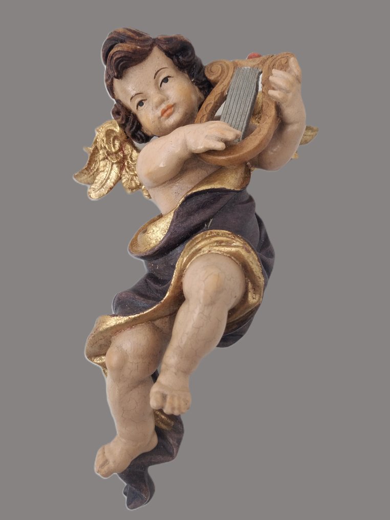 Intaglio, Holzfigur - farbiger Engel mit Harfe - Wandfigur - 15 cm - Legno - 1970 #2.1