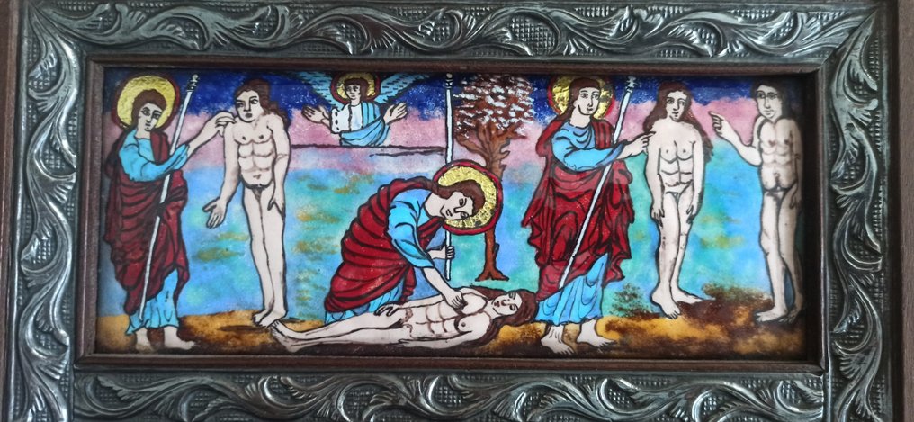 M.G. de Navarro - Retablo de esmaltes - bibelske scener - 24 x 32 cm - Emalje, Træ, Forsølvet - 1970-1980 #4.3