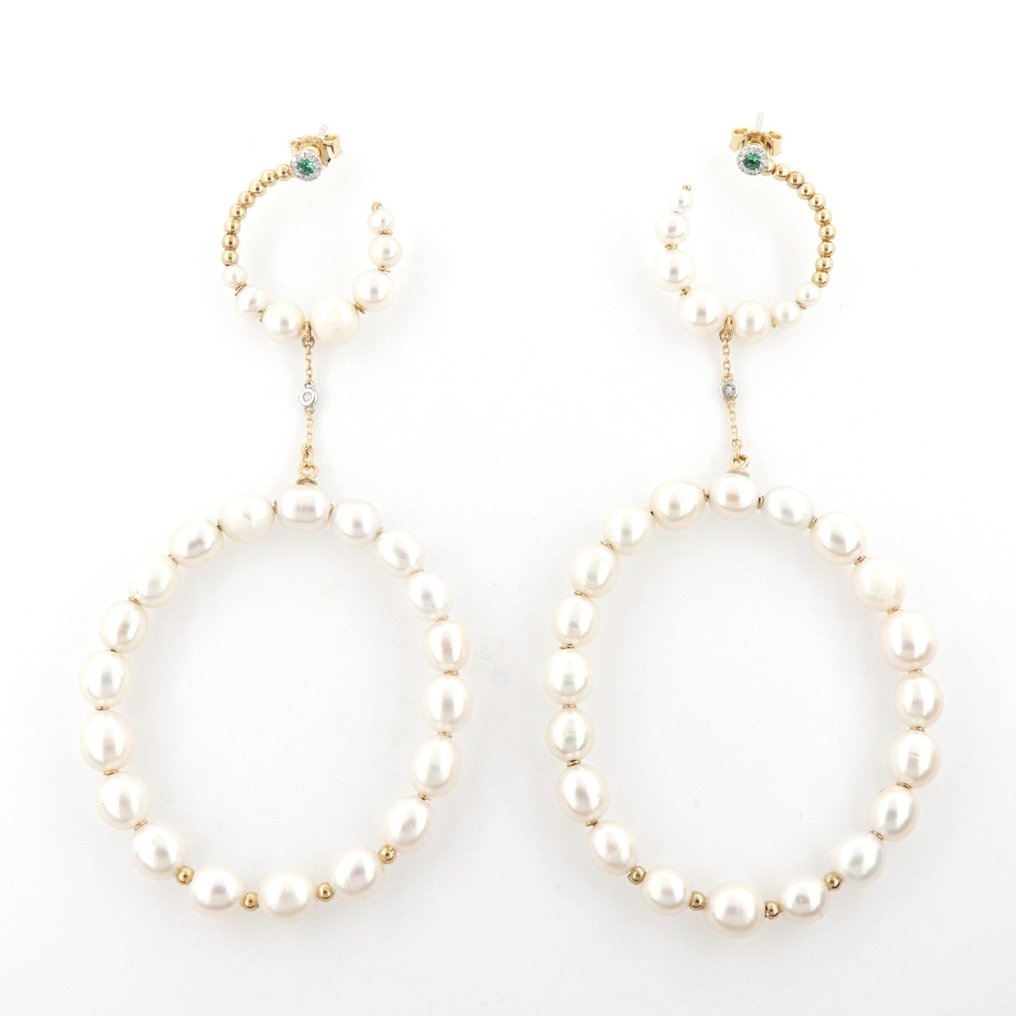 Drop fülbevaló - 18 kt. Sárga arany, Fehér arany - 0.75ct. tw. Smaragd - Gyémánt #1.0