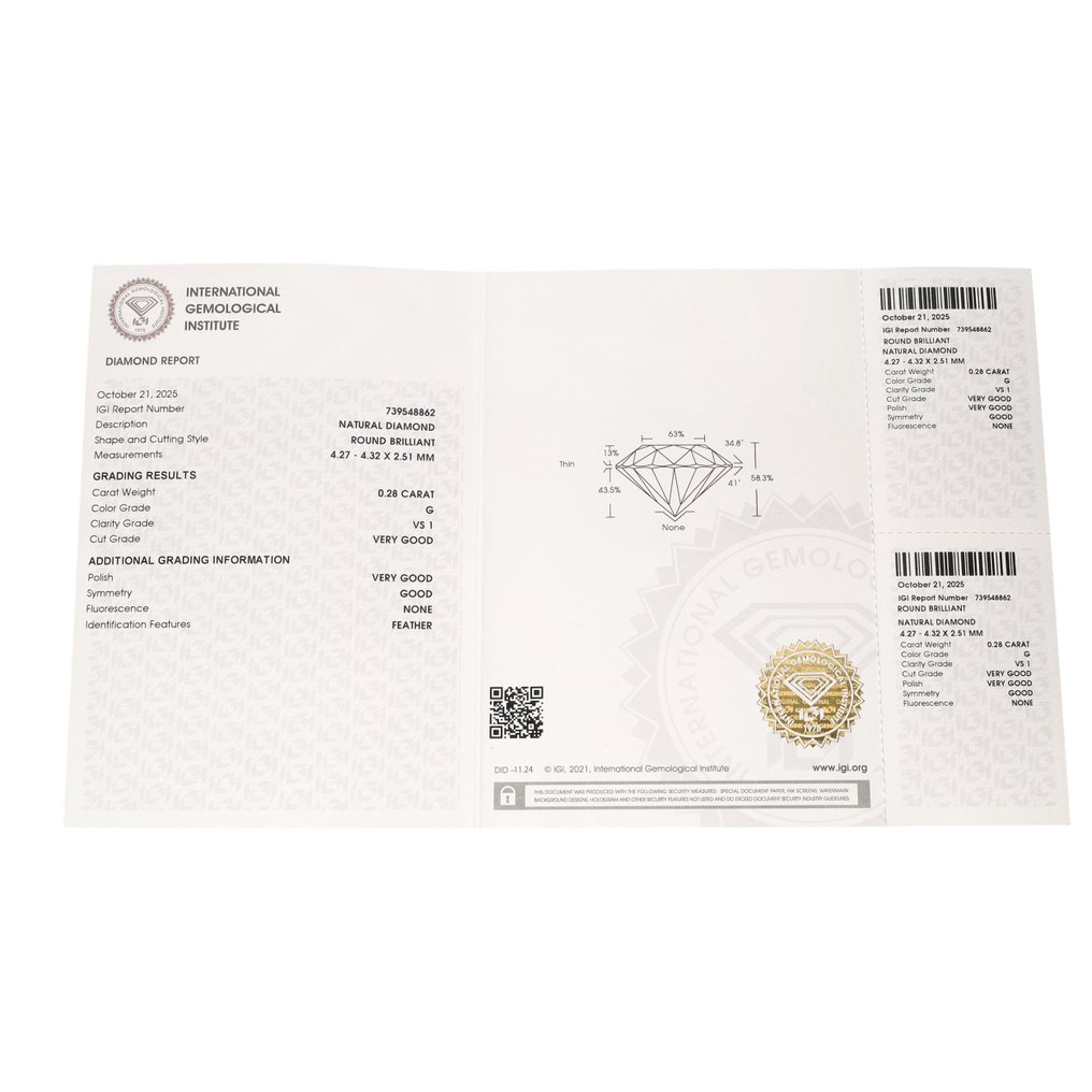 Zonder minimumprijs - 1 pcs Diamant (Natuurlijk) - 0.28 ct - Rond - G - VS1 - International Gemological Institute (IGI) #3.2