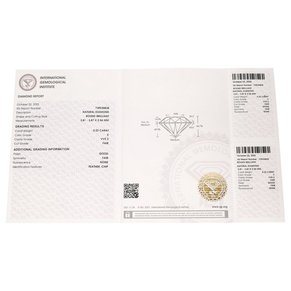 χωρίς τιμή ασφαλείας - 1 pcs Διαμάντι (Φυσικό) - 0.22 ct - Στρογγυλό - E - VVS2 - International Gemological Institute (IGI) #3.2