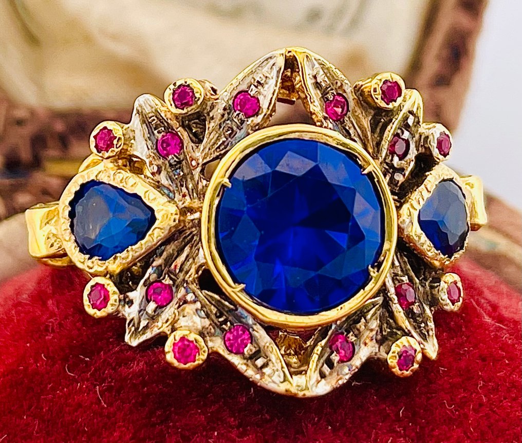 没有保留价 - 戒指 - 9 kt. 黄金, 银 蓝宝石 - 红宝石 #3.2