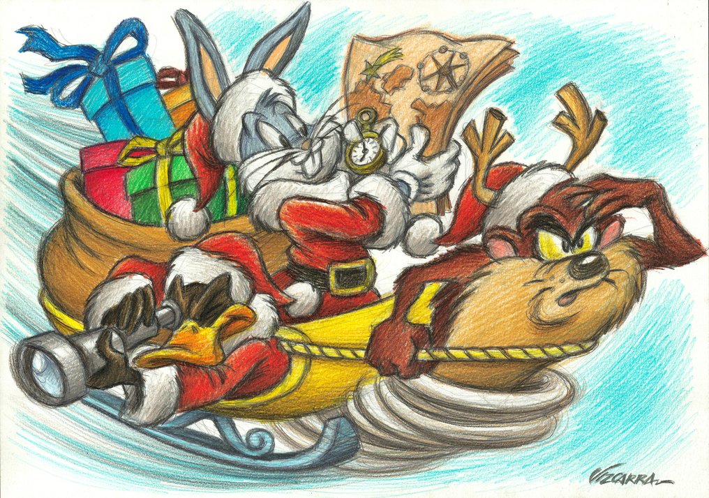 Joan Vizcarra Oryginalny ołówek - Bugs Bunny, Taz & Daffy as Santa’s Team – Hand Signed #3.2