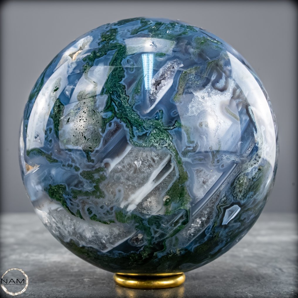 顶级品质天然非常艺术的苔藓玛瑙带晶簇 球体- 1251.64 g #3.2