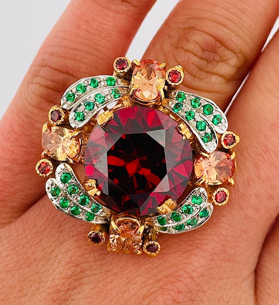 Nincs minimálár - Gyűrű - 9 Kt Sárga arany, Ezüst Gránát - Smaragd #4.3