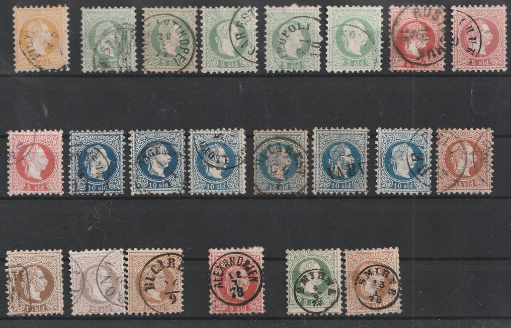 Levant (Austrian Post Office) 1867 - Première émission, grande carte d'insertion avec quelques timbres, y compris de magnifiques #1.0