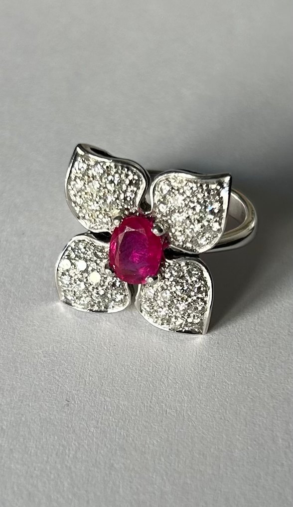 戒指 - 18K包金 白金 红宝石 - 钻石 #1.0