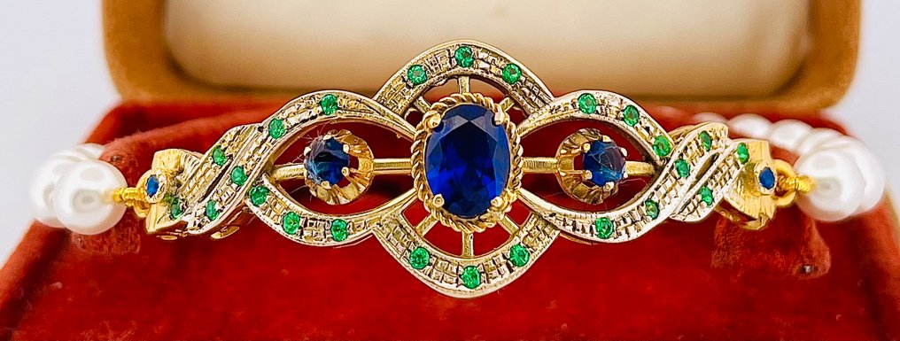 Nincs minimálár - Karkötő - 9 Kt Sárga arany, Ezüst Zafír - Smaragd #1.0