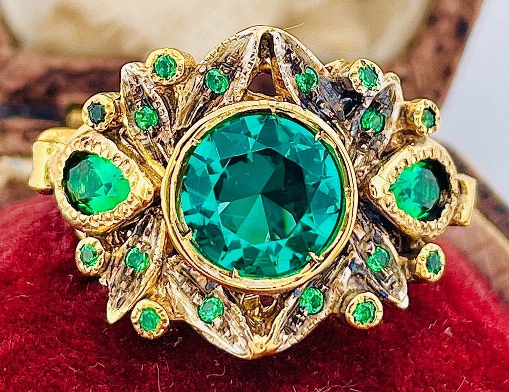 沒有保留價 - 戒指 - 9 節 黃金, 銀 祖母綠 #1.0