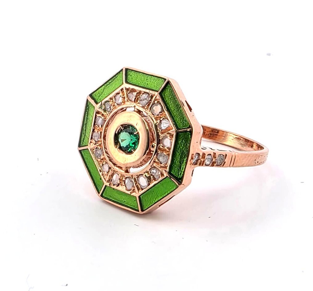 Fără preț de rezervă - Inel - 9 kt. Aur roz, Argint Smarald - Diamant #1.0