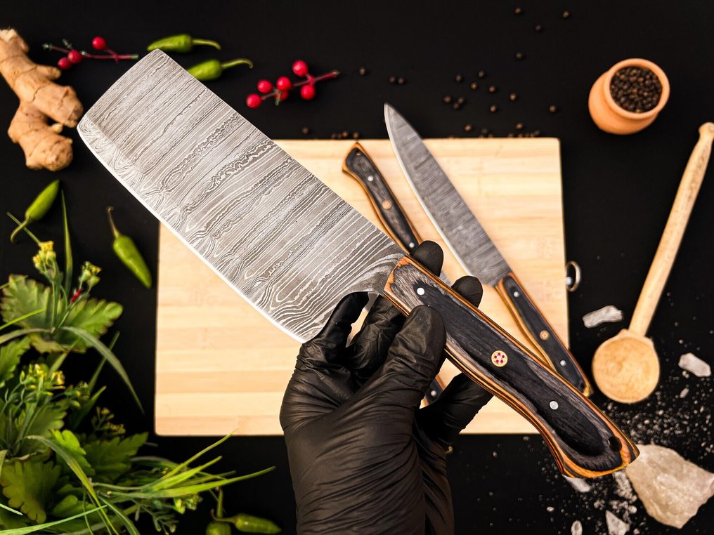 Μαχαίρι κουζίνας - Σετ μαχαίρια κουζίνας Chef για καθημερινή χρήση σε εσωτερικούς και εξωτερικούς χώρους (FK- 143) - Χειριστήριο από Αμερικανικό εξωτικό ξύλο και διπλωμένο ατσάλι. - Ηνωμένες Πολιτείες - Σετ κουζίνας και μπάρμπεκιου #1.0
