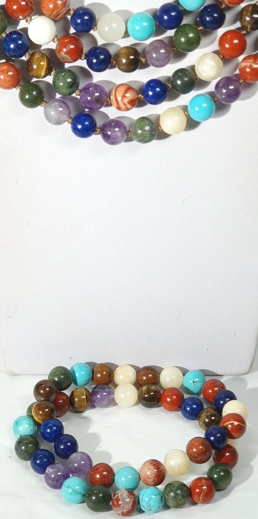 Amatista, lapislazzuli, acquamarina, giada rossa, occhio di tigre ... - Argento 925 - 2 braccialetti - Collana #3.2
