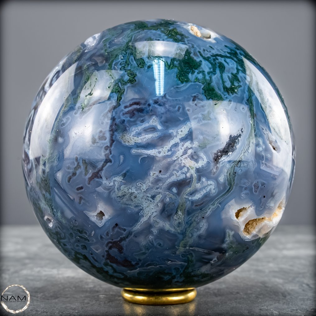 顶级品质天然非常艺术的苔藓玛瑙带晶簇 球体- 1251.64 g #2.1