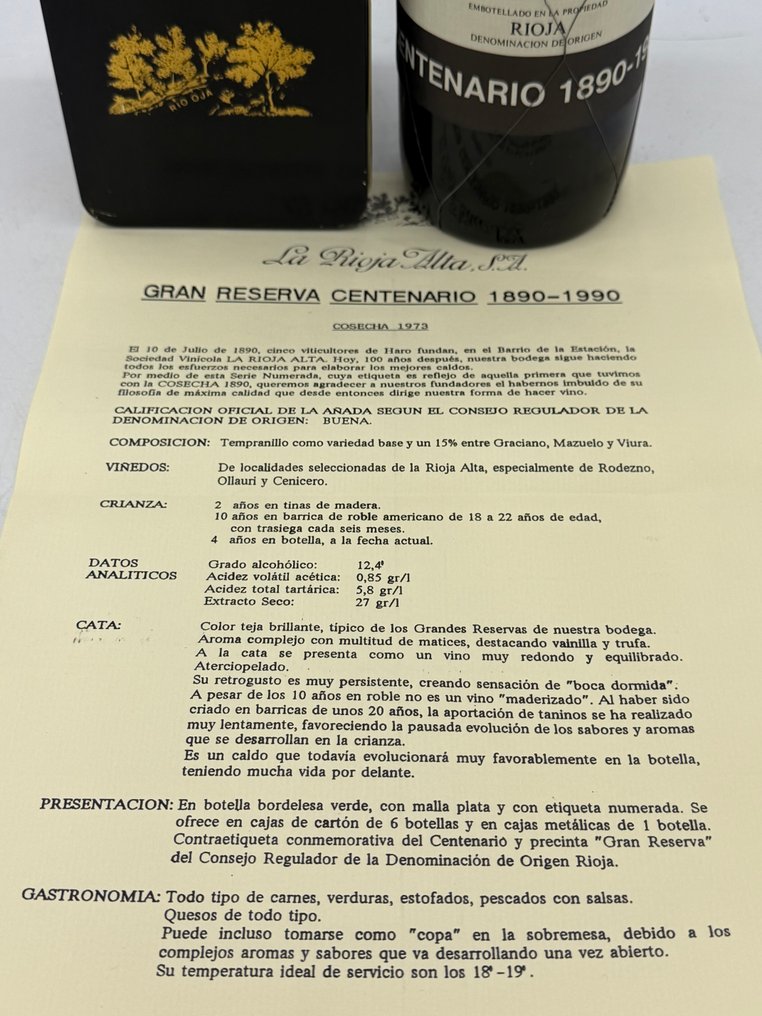 1973 La Rioja Alta, Centenario (1890-1990) - Ριόχα Gran Reserva - 1 Φιάλη (0,75L) #4.3