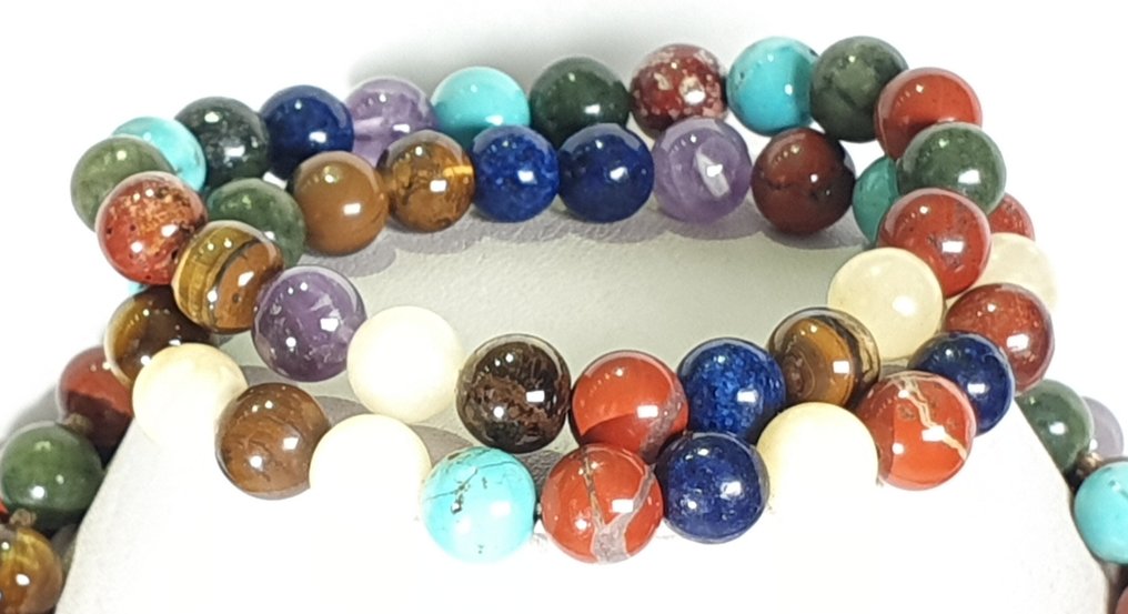 Amatista, lapislazzuli, acquamarina, giada rossa, occhio di tigre ... - Argento 925 - 2 braccialetti - Collana #1.0
