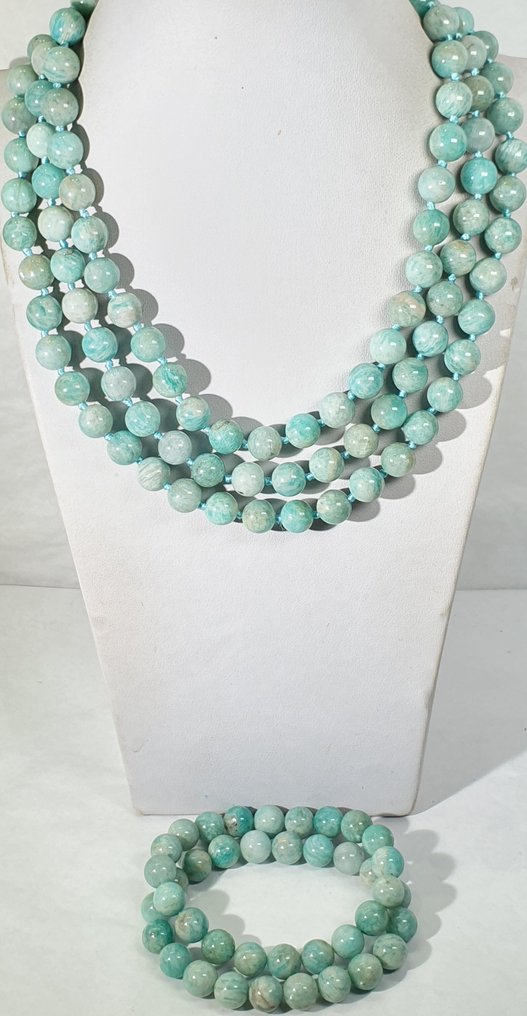 Amazonite naturale - favorisce la pace interiore - Argento 925 - 2 braccialetti e collana - Prima - Collana #2.1