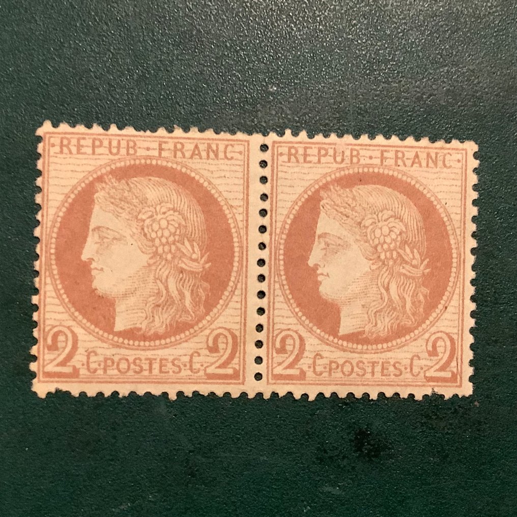 法国 1872 - 2 美分 Ceres Dentelez 成对 - Yvert 51 #1.0