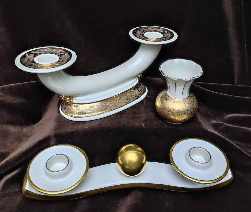AL-KA Kunst Kronach, Lindner Kueps, Gerold & C. Tettau - Candleholder (3) - Ivory porcelain, partially gold-plated #2.1