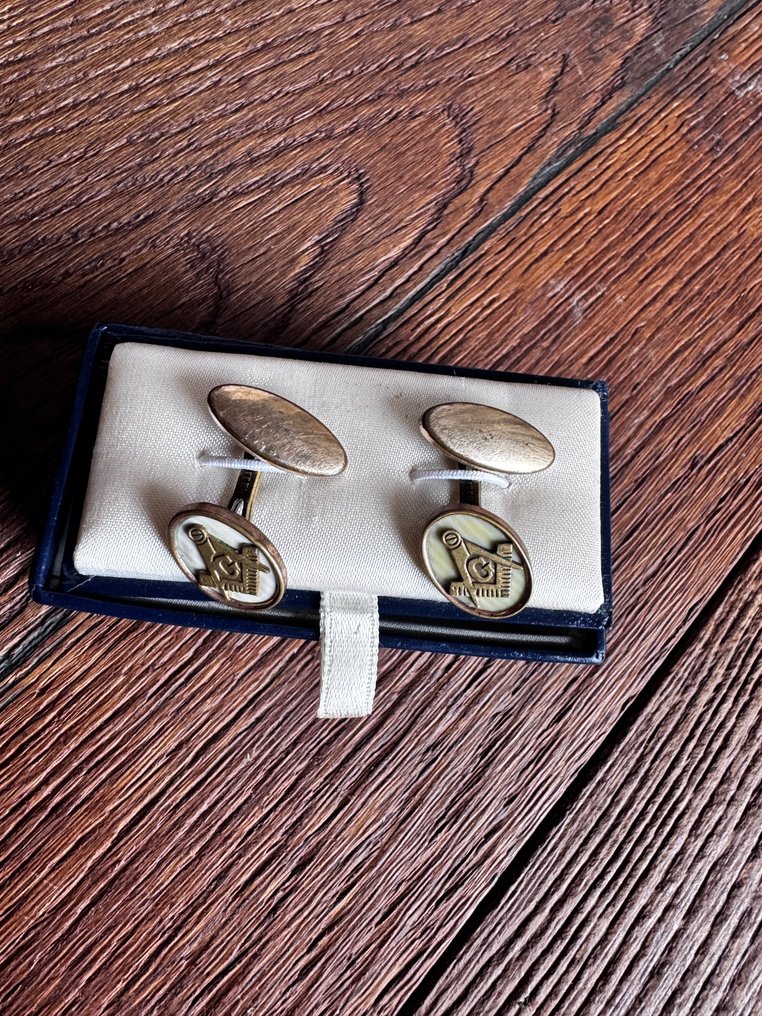 Handmade 1870c äkta mother of pearl mässings Masonic manschettknappar/i originalförpackning - Manschettknappar #1.0