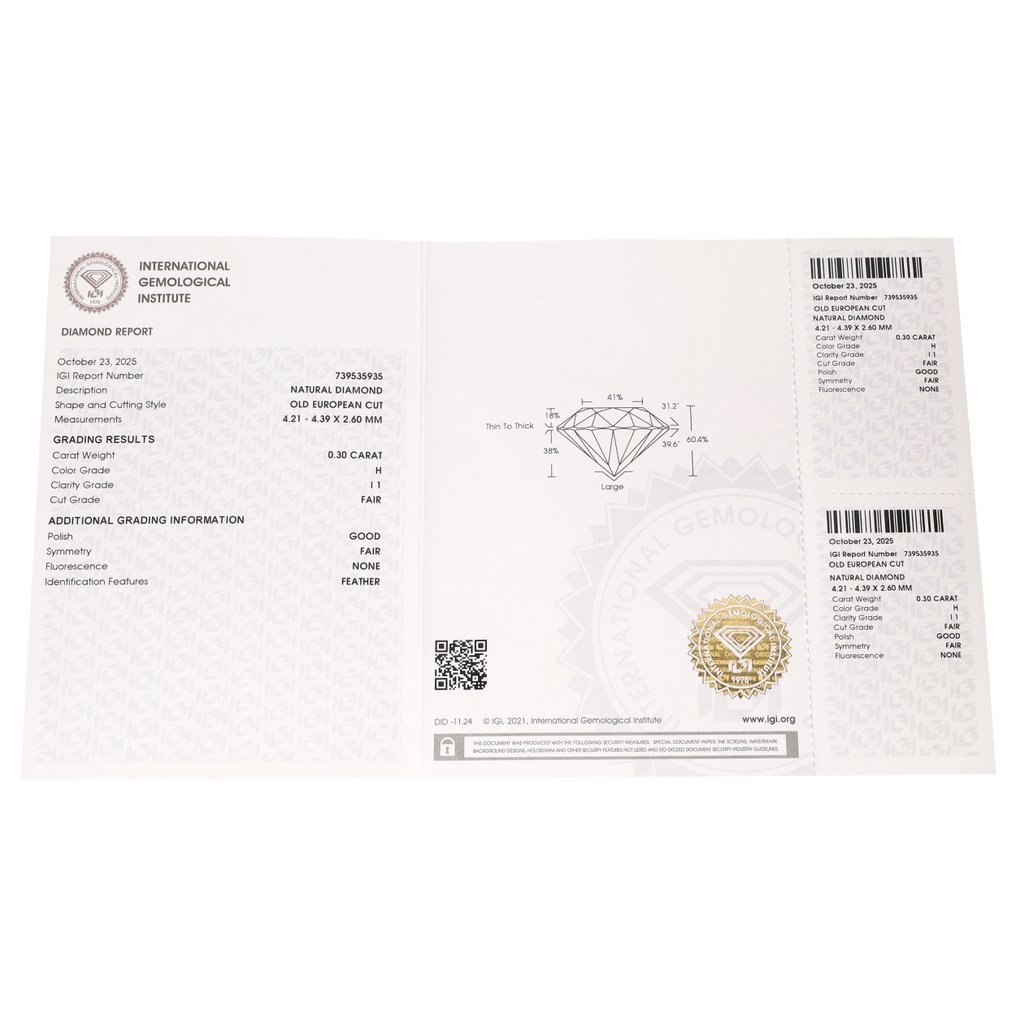 沒有保留價 - 1 pcs 鑽石  (天然)  - 0.30 ct - H(次於白色的有色鑽石) - I1 - 國際寶石學院（International Gemological Institute (IGI)） - 旧欧洲切割 #3.2