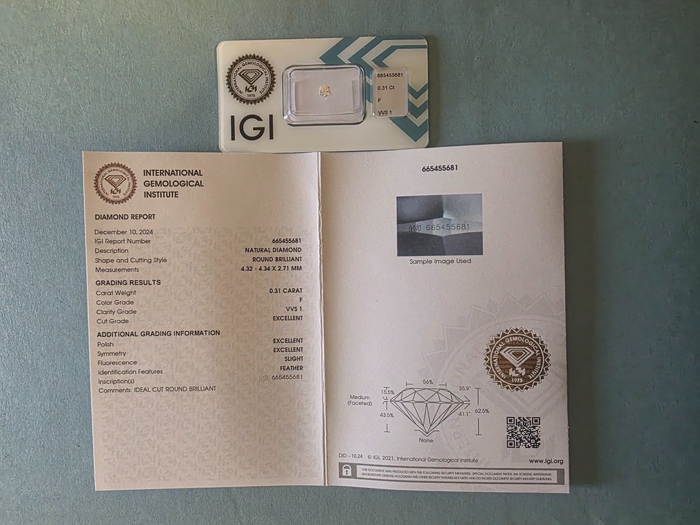 1 pcs 钻石  (天然)  - 0.31 ct - 圆形 - F - VVS1 极轻微内含一级 - 国际宝石研究院（IGI） #2.1