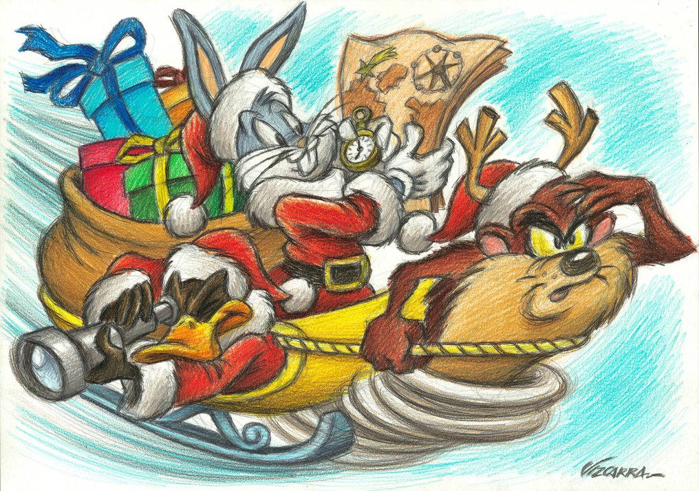 Joan Vizcarra Oryginalny ołówek - Bugs Bunny, Taz & Daffy as Santa’s Team – Hand Signed #2.1