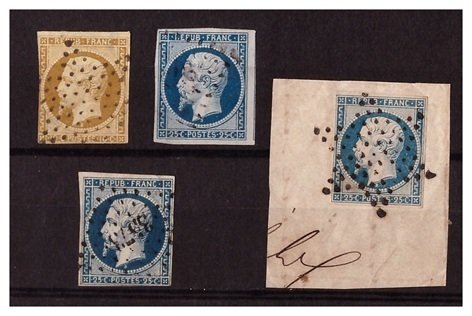 França 1852 - Presidência, REPÚBLICA FRANCESA, 10 ct bistre-marrom e 25 ct azul B sob o pescoço. - Yvert N°9a & N°10 (teinte & oblitérations différentes) Etat TB sans aminci #1.0