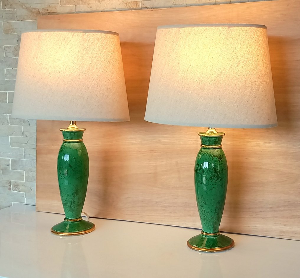 Επιτραπέζιο φωτιστικό (2) - Σμαραγδί Πράσινο - Πήλινο, Ορείχαλκος, Επιχρυσωμένο μέταλλο #1.0