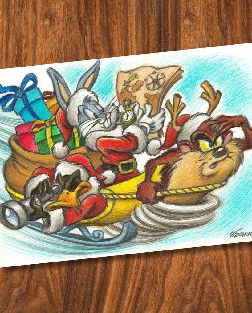 Joan Vizcarra Oryginalny ołówek - Bugs Bunny, Taz & Daffy as Santa’s Team – Hand Signed #1.0