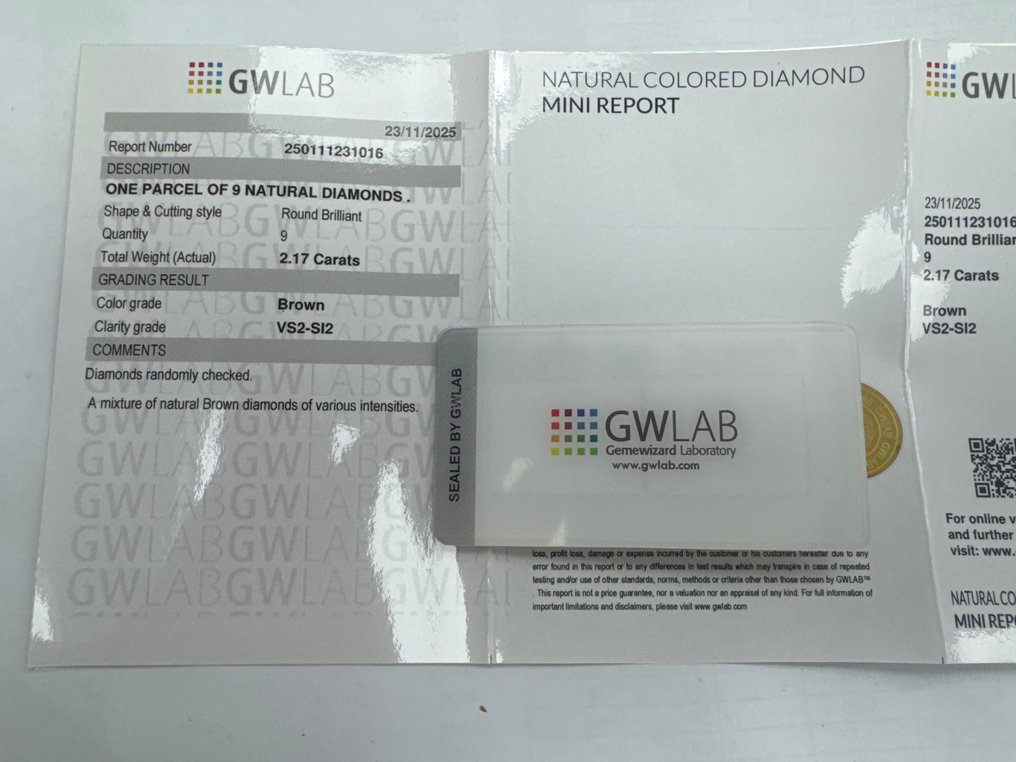 Ingen reservasjonspris - 9 pcs Diamant  (Naturfarget)  - 2.17 ct - Rund Brun - VS2, SI2 - Gemewizard Gemologisk laboratorium (GWLab) #3.2